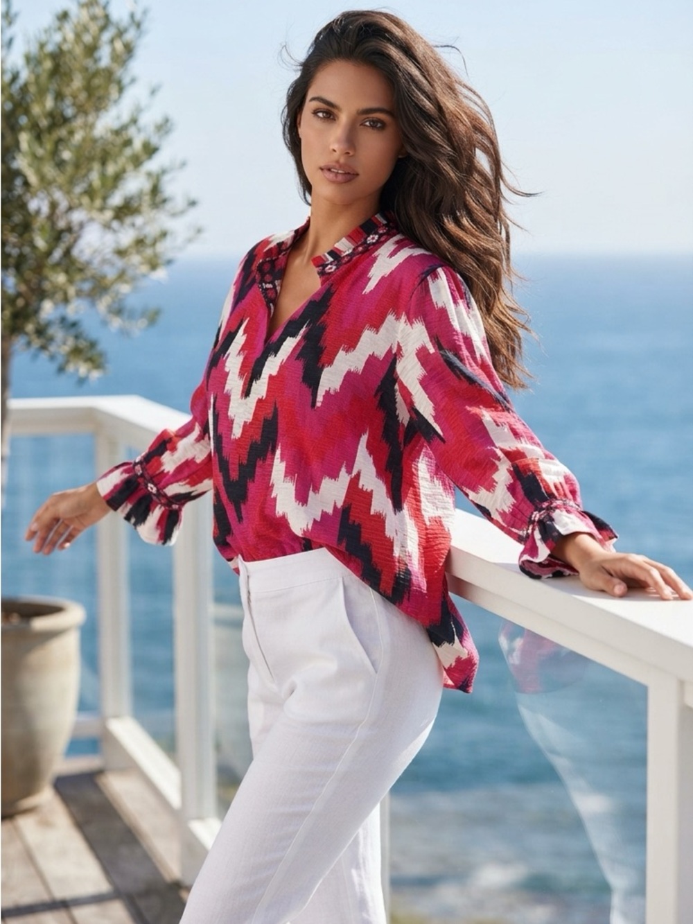 Multiples Pink Chevron-Pattern V-Neck Blouse